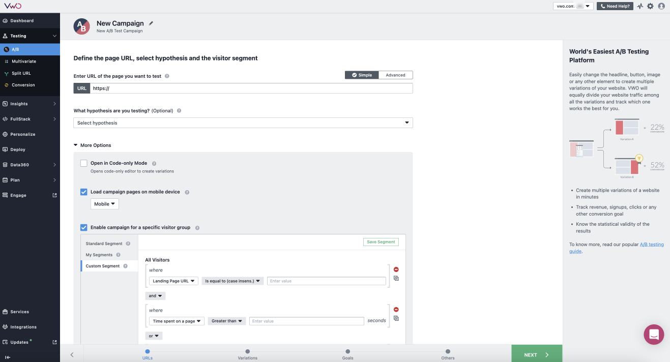 screenshot of VWO Testing